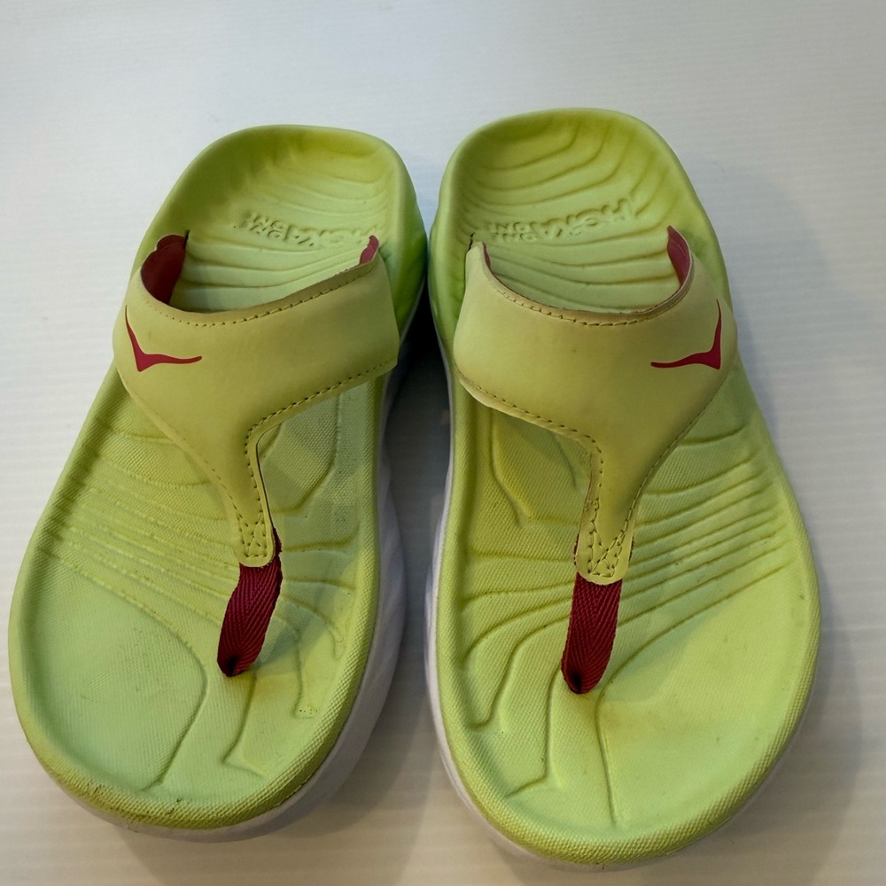 HOKA One One Recovery Flip Flop Lime Green and Pink US 5